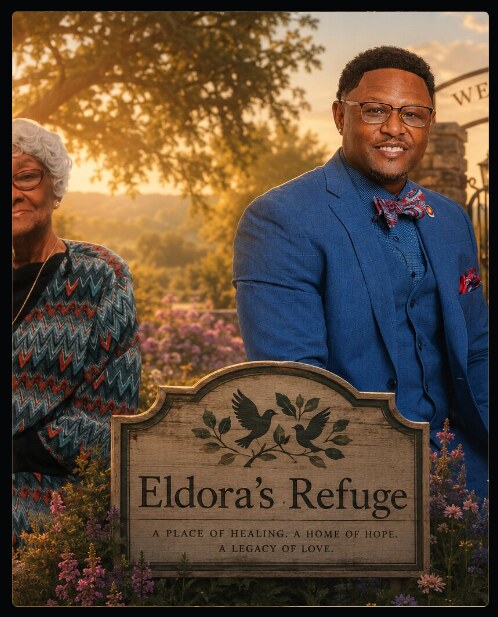 The founder of Eldora's Refuge stands beside Eldora, honored on a garden sign reading 'A Place of Healing. A Home of Hope. A Legacy of Love.'